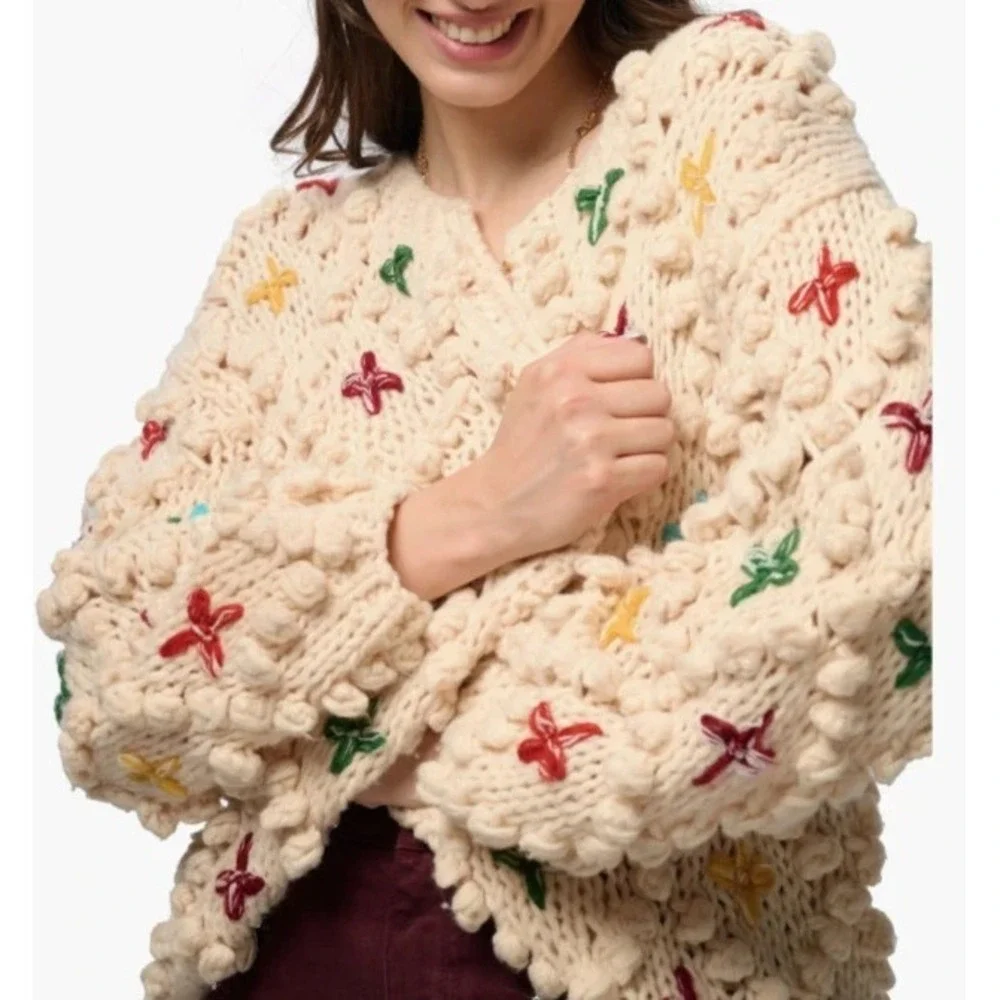 SAACHI Aria Anthropologie Popcorn Knit Cardigan Sweater S Chunky Rainbow Cottage